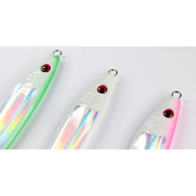 Jigging World Metallic Sardine Tuna Jigs White Glow Length: 5″ / Weight: 7oz