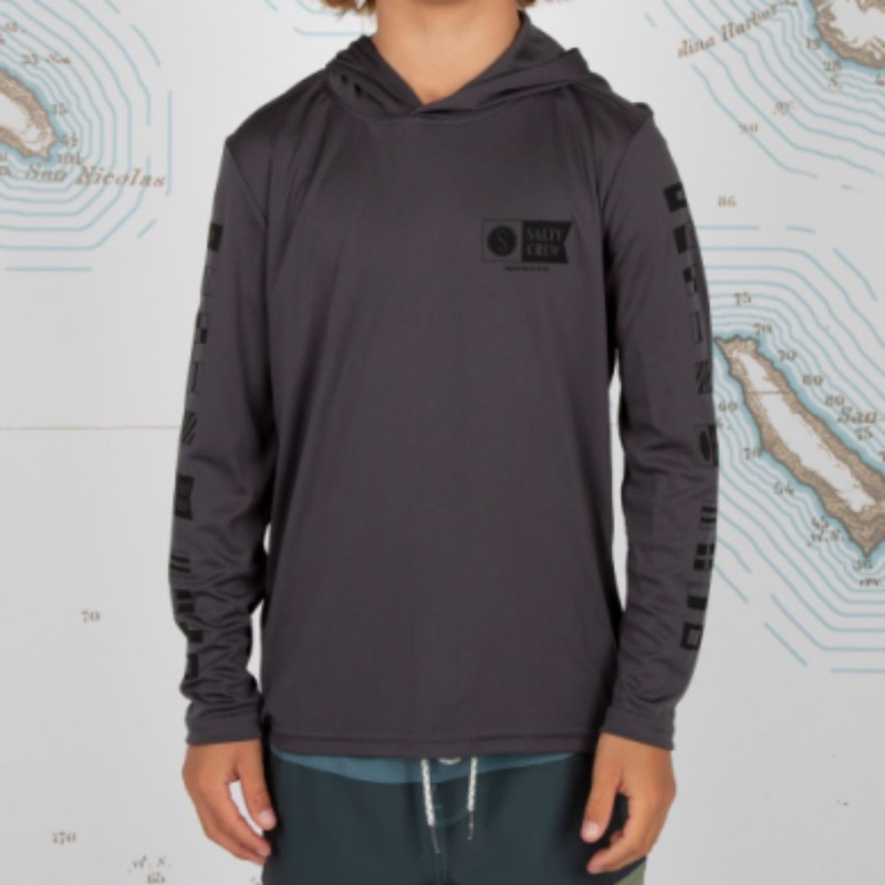 SALTY CREW ALPHA HOOD BOYS SUNSHIRT CHARCOAL S