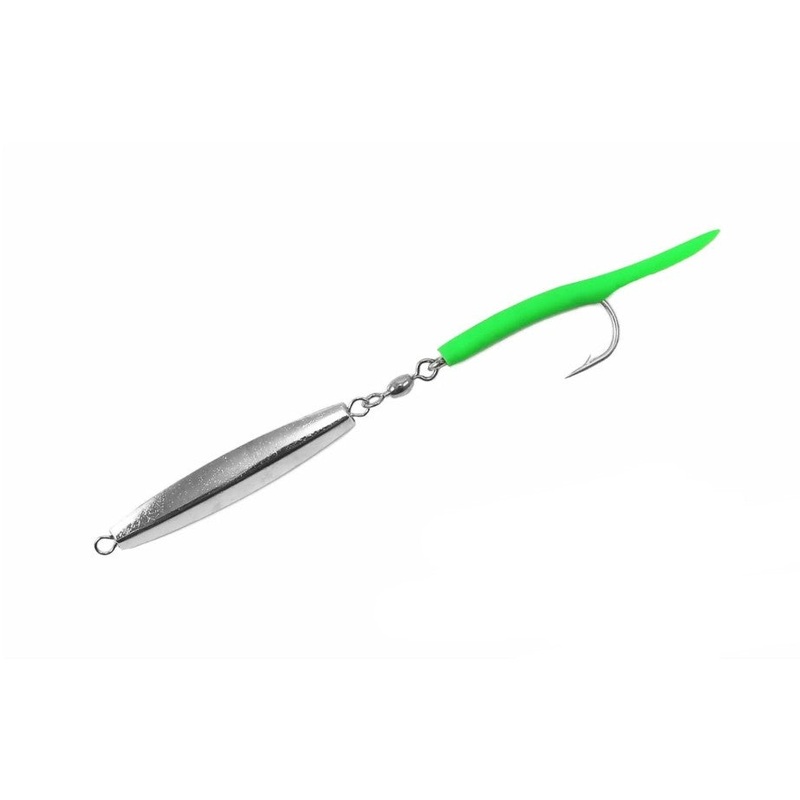 Jigging World Diamond Jigs with Tubed Tail Smooth Chrome with Green Tail 1oz