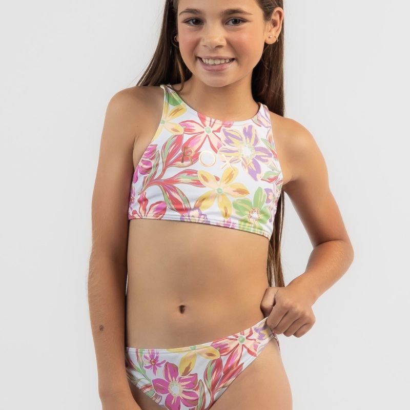 ROXY GIRL’S TROPICAL TIME TWO PIECE BIKINI SET BRIGHT WHITE BAYSIDE BLOOMS 7
