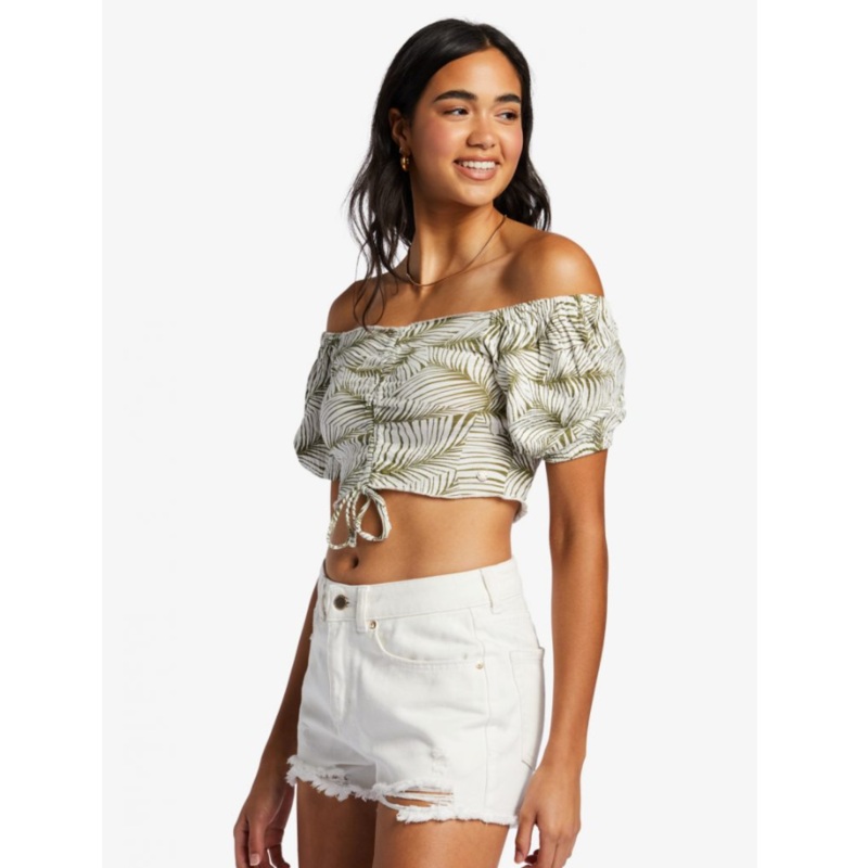 ROXY FLIRTY WALK CROPPED RUCHED CROP TOP PALM TREE DREAMS XS