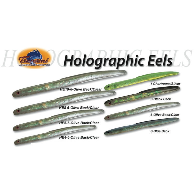 Tsunami Holographic Eel Unrigged Lure HE4 HE6 Black Back 4″ (25 Pack)