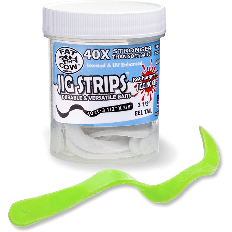Fat Cow Jig Strips Eel Tail 3 1/2″ X 3/8″ Scented, Chartreuse