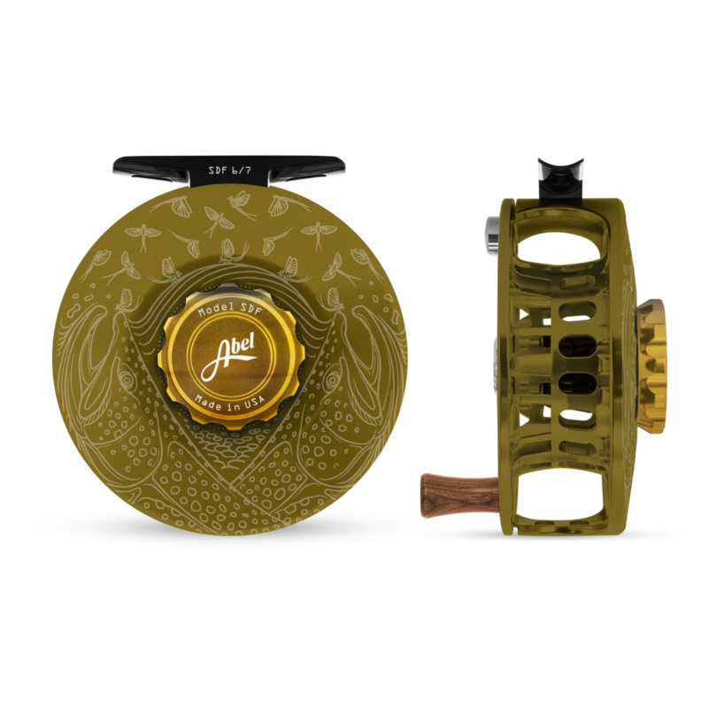 Abel SDF Fly Reel Solid-Satin Olive-Wild Trout-Under Mayfly 6/7WT w/ Walnut Hand 6/7 wt