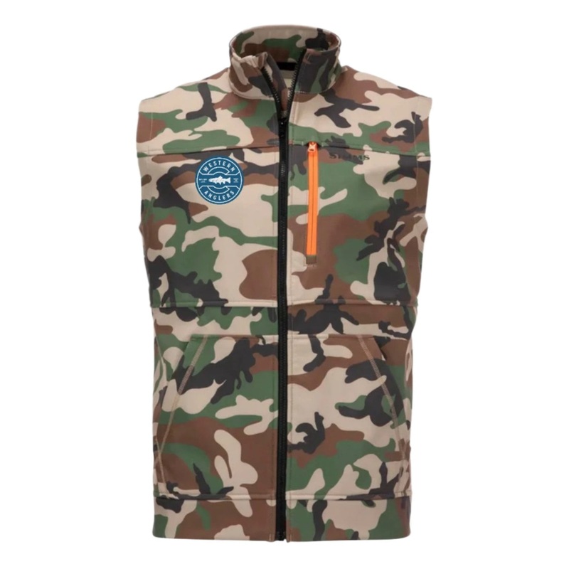 Simms – Rogue Vest (Western Anglers Logo) Woodland Camo – W/ Western Anglers Logo M