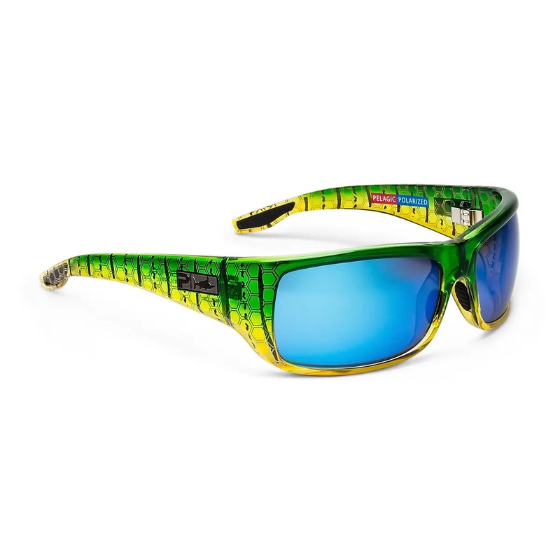 PELAGIC FISH HOOK GLASS POLARIZED SUNGLASSES GREEN DORADO BLUE