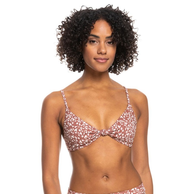 ROXY LOVE THE SURF KNOT PRINTED RIB BIKINI TOP USTIC BROWN ANIMALIA DOTS XS