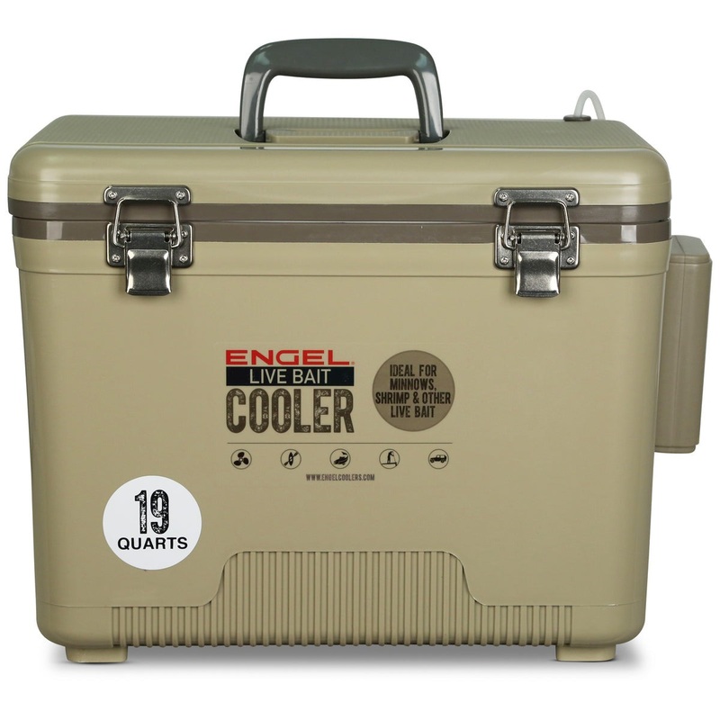 Engel 19 Quart Live Bait Pro Cooler with AP3 Rechargeable Aerator & Stainless Hardware Tan