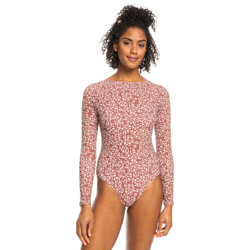 ROXY LOVE PRINTED LONG SLEEVE UPF50 ONE PIECE RUSTIC BROWN ANIMALIA DOTS XS